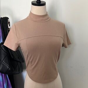 Ribbed Tan Mock Neck Top
